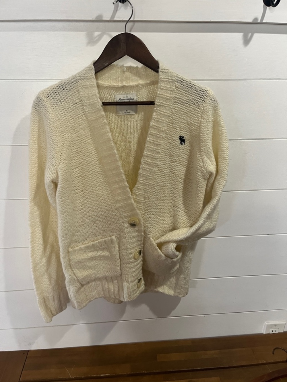 Abercrombie & Fitch Ivory Open-Knit V-Neck Cardigan